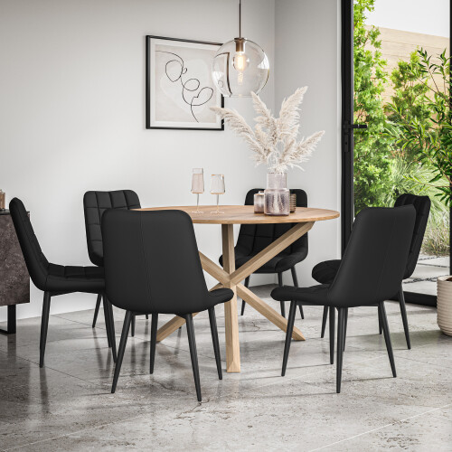 MORE4HOMES (Black) Malvern Round Oak Effect Dining Table Set w Oak Legs w 4-6 Nova Dining Chairs