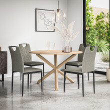 (Grey) Malvern Round Oak Effect Dining Table Set w Oak Legs w 4-6 Monza Linen Chair