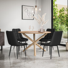(Black) Malvern Round Oak Effect Dining Table Set w Oak Legs w 4-6 Nova Dining Chairs