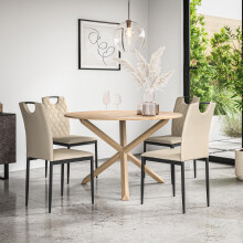 (Beige) Malvern Round Oak Effect Dining Table Set w Oak Legs w 4-6 Monza Chair