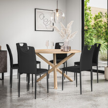 (Black) Malvern Round Oak Effect Dining Table Set w Oak Legs w 4-6 Monza Chair