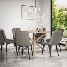 (Grey) Malvern Round Oak Effect Dining Table Set w Oak Legs w 4-6 Nova Dining Chairs