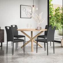 (Charcoal) Malvern Round Oak Effect Dining Table Set w Oak Legs w 4-6 Monza Linen Chair