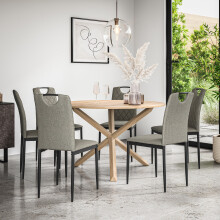 (Grey) Malvern Round Oak Effect Dining Table Set w Oak Legs w 4-6 Monza Linen Chair