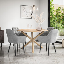(Grey) Malvern Round Oak Effect Dining Table Set w Oak Legs w 4 Anika Velvet Chairs