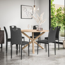 (Charcoal) Malvern Round Oak Effect Dining Table Set w Oak Legs w 4-6 Monza Linen Chair