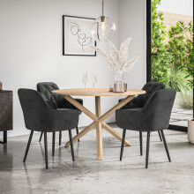 (Black) Malvern Round Oak Effect Dining Table Set w Oak Legs w 4 Anika Velvet Chairs