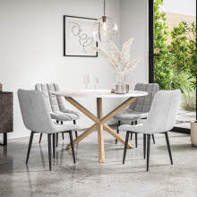 (Grey) Malvern Round Marble Effect Dining Table Set w Oak Legs w 4-6 Nova Velvet Chair