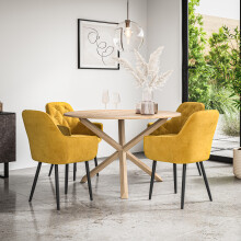 (Mustard) Malvern Round Oak Effect Dining Table Set w Oak Legs w 4 Anika Velvet Chairs