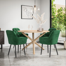 (Green) Malvern Round Oak Effect Dining Table Set w Oak Legs w 4 Anika Velvet Chairs