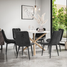 (Black) Malvern Round Marble Effect Dining Table Set w Oak Legs w 4-6 Nova Velvet Chair