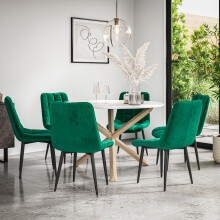 (Green) Malvern Round Marble Effect Dining Table Set w Oak Legs w 4-6 Nova Velvet Chair