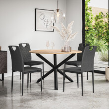 (Charcoal) Malvern Round Oak Effect Dining Table Set w Black Oak Legs 4-6 Monza Linen Chair