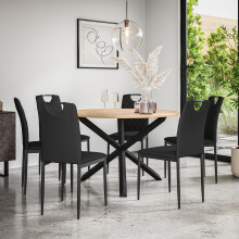 (Black) Malvern Round Oak Effect Dining Table Set w Black Oak Legs w 4-6 Monza Chair