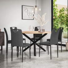 (Charcoal) Malvern Round Oak Effect Dining Table Set w Black Oak Legs 4-6 Monza Linen Chair