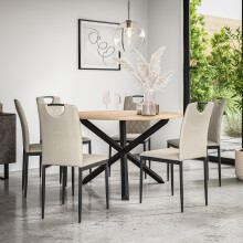(Beige) Malvern Round Oak Effect Dining Table Set w Black Oak Legs 4-6 Monza Linen Chair