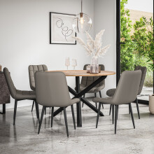 (Grey) Malvern Round Oak Effect Dining Table Set w 4-6 Nova Faux Leather Chairs