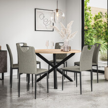 (Grey) Malvern Round Oak Effect Dining Table Set w Black Oak Legs 4-6 Monza Linen Chair
