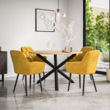 (Mustard) Malvern Round Oak Effect Dining Table Set Black Oak Legs w 4 Anika Velvet Chair