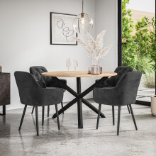 (Black) Malvern Round Oak Effect Dining Table Set Black Oak Legs w 4 Anika Velvet Chair