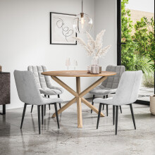 (Grey) Malvern Round Oak Effect Dining Table Set w Oak Legs w 4-6 Nova Velvet Chair
