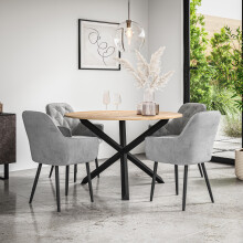 (Grey) Malvern Round Oak Effect Dining Table Set Black Oak Legs w 4 Anika Velvet Chair