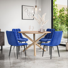 (Blue) Malvern Round Oak Effect Dining Table Set w Oak Legs w 4-6 Nova Velvet Chair