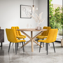 (Mustard) Malvern Round Oak Effect Dining Table Set w Oak Legs w 4-6 Nova Velvet Chair