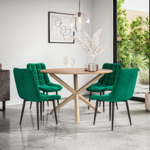 (Green) Malvern Round Oak Effect Dining Table Set w Oak Legs w 4-6 Nova Velvet Chair