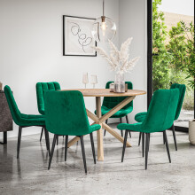 (Green) Malvern Round Oak Effect Dining Table Set w Oak Legs w 4-6 Nova Velvet Chair