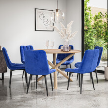 (Blue) Malvern Round Oak Effect Dining Table Set w Oak Legs w 4-6 Nova Velvet Chair