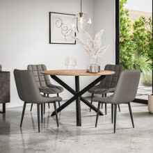 (Grey) Malvern Round Oak Effect Dining Table Set w 4-6 Nova Faux Leather Chairs