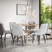 (Grey) Malvern Round Oak Effect Dining Table Set w Oak Legs w 4-6 Nova Velvet Chair