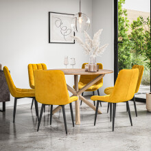 (Mustard) Malvern Round Oak Effect Dining Table Set w Oak Legs w 4-6 Nova Velvet Chair