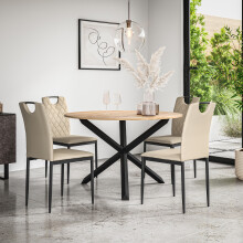 (Beige) Malvern Round Oak Effect Dining Table Set w Black Oak Legs w 4-6 Monza Chair