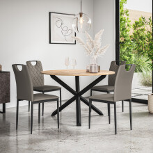 (Grey) Malvern Round Oak Effect Dining Table Set w Black Oak Legs w 4-6 Monza Chair