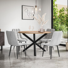 (Grey) Malvern Round Oak Effect Dining Table Set w Black Oak Legs 4-6 Nova Velvet Chair