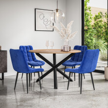 (Blue) Malvern Round Oak Effect Dining Table Set w Black Oak Legs 4-6 Nova Velvet Chair