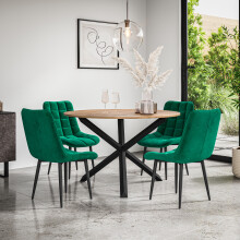 (Green) Malvern Round Oak Effect Dining Table Set w Black Oak Legs 4-6 Nova Velvet Chair
