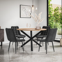 (Black) Malvern Round Oak Effect Dining Table Set w Black Oak Legs 4-6 Nova Velvet Chair