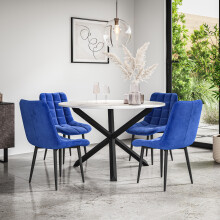 (Blue) Malvern Round Marble Effect Dining Table Set Black Oak Leg 4-6 Nova Velvet Chair