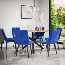 (Blue) Malvern Round Oak Effect Dining Table Set w Black Oak Legs 4-6 Nova Velvet Chair
