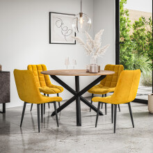 (Mustard) Malvern Round Oak Effect Dining Table Set w Black Oak Legs 4-6 Nova Velvet Chair