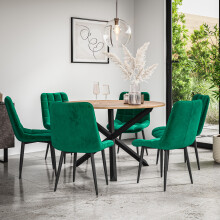 (Green) Malvern Round Oak Effect Dining Table Set w Black Oak Legs 4-6 Nova Velvet Chair