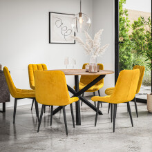 (Mustard) Malvern Round Oak Effect Dining Table Set w Black Oak Legs 4-6 Nova Velvet Chair