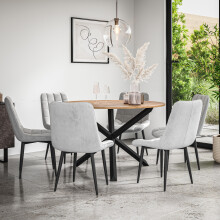 (Grey) Malvern Round Oak Effect Dining Table Set w Black Oak Legs 4-6 Nova Velvet Chair