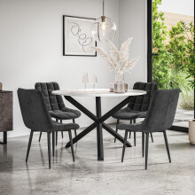 (Black) Malvern Round Marble Effect Dining Table Set Black Oak Leg 4-6 Nova Velvet Chair