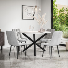 (Grey) Malvern Round Marble Effect Dining Table Set Black Oak Leg 4-6 Nova Velvet Chair