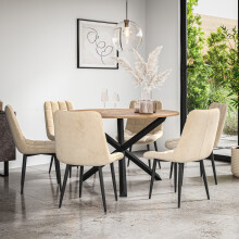 (Beige) Malvern Round Oak Effect Dining Table Set w Black Oak Legs 4-6 Nova Velvet Chair