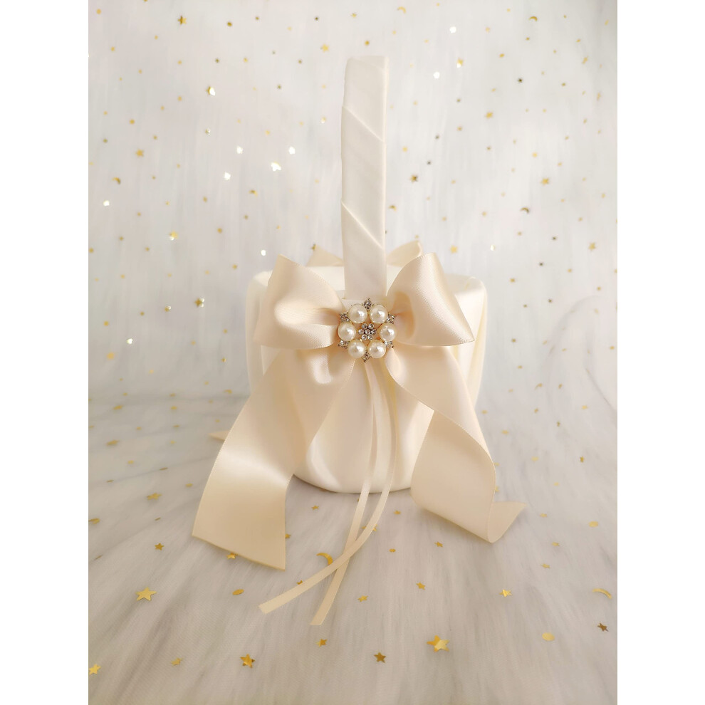 Uwedding Flower Girl Basket Lace Cover with Beige Ribbon Bow Rhinestone Brooch D?cor for Wedding Ceremony Vow Renewal Baby Shower Party Favor-Basket-image-OPC-PGC5PKQ-NEW